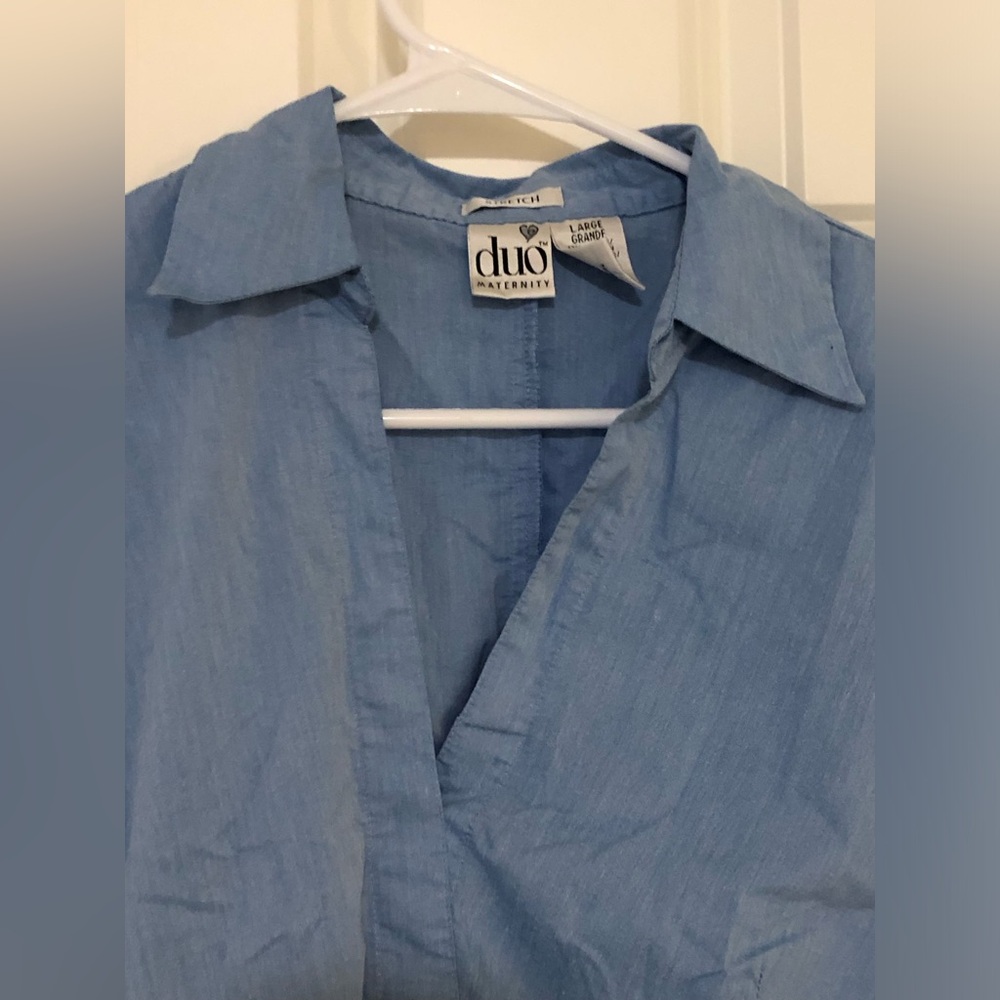 2/$30 Duo Maternity 3/4 Length V Neck Tunic Empire Waist Top Blouse Blue Sz L - Picture 4 of 9